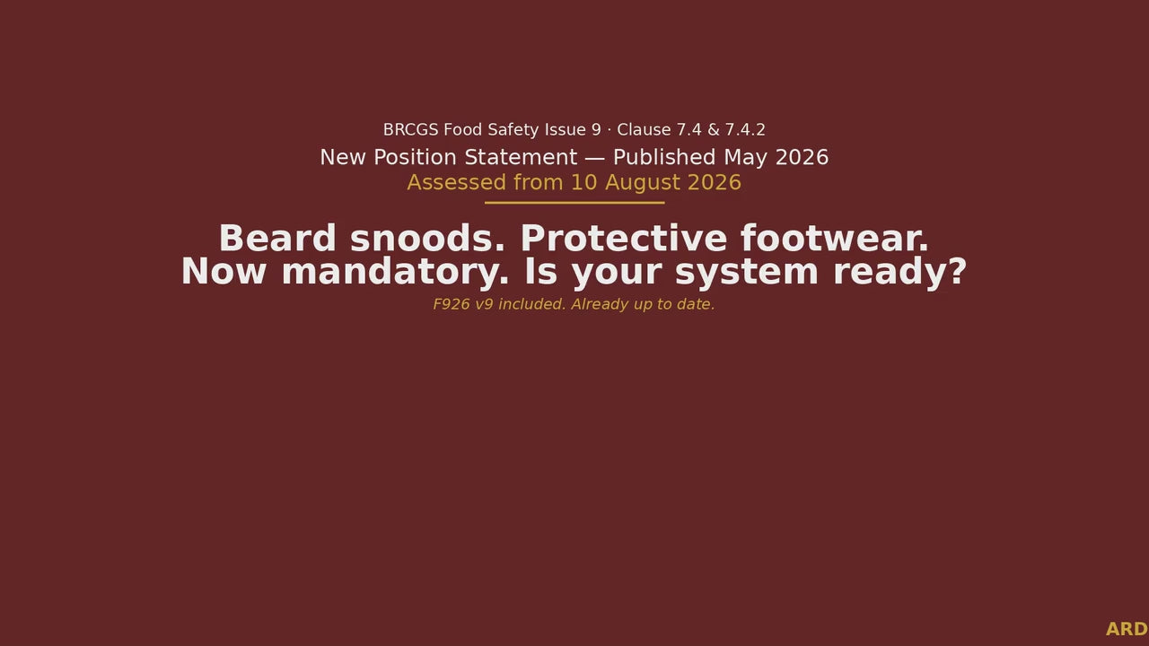 BRCGS Food Safety  Personnel Hygiene, Protective Clothing, F926 v9 Compliant Systems Full Pack Documents